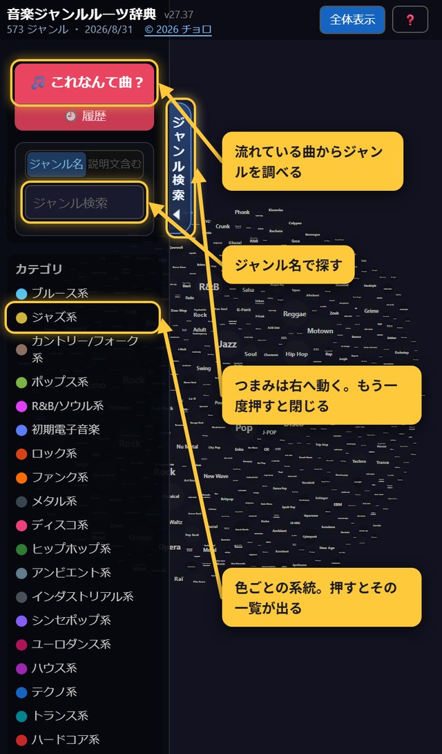 つまみを押すと、左から引き出しが出てくる。中に「この曲なんてジャンル？」、検索欄、カテゴリの色の一覧。