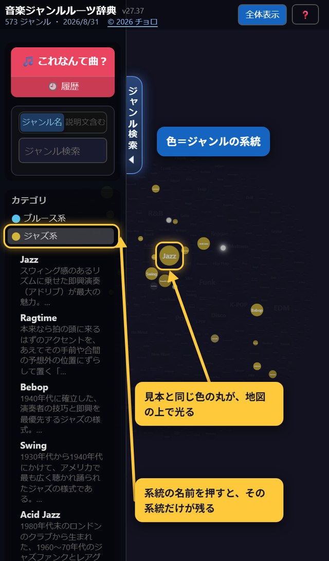 引き出しの中の「ジャズ系」を押すと、同じ色の丸が地図の上で光る。