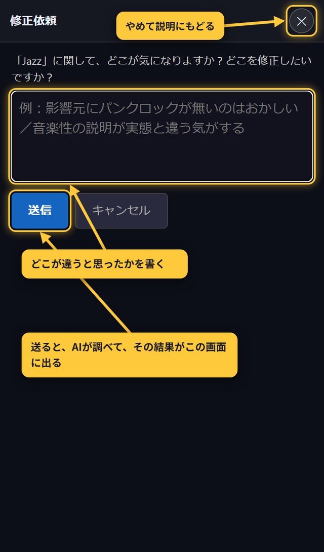 修正依頼を書く画面。上に入力欄、下に送信とキャンセル。